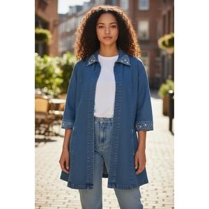 Dattini Women's Denim Jacket Medium Blue Longline Studded Trim Stretch Jean